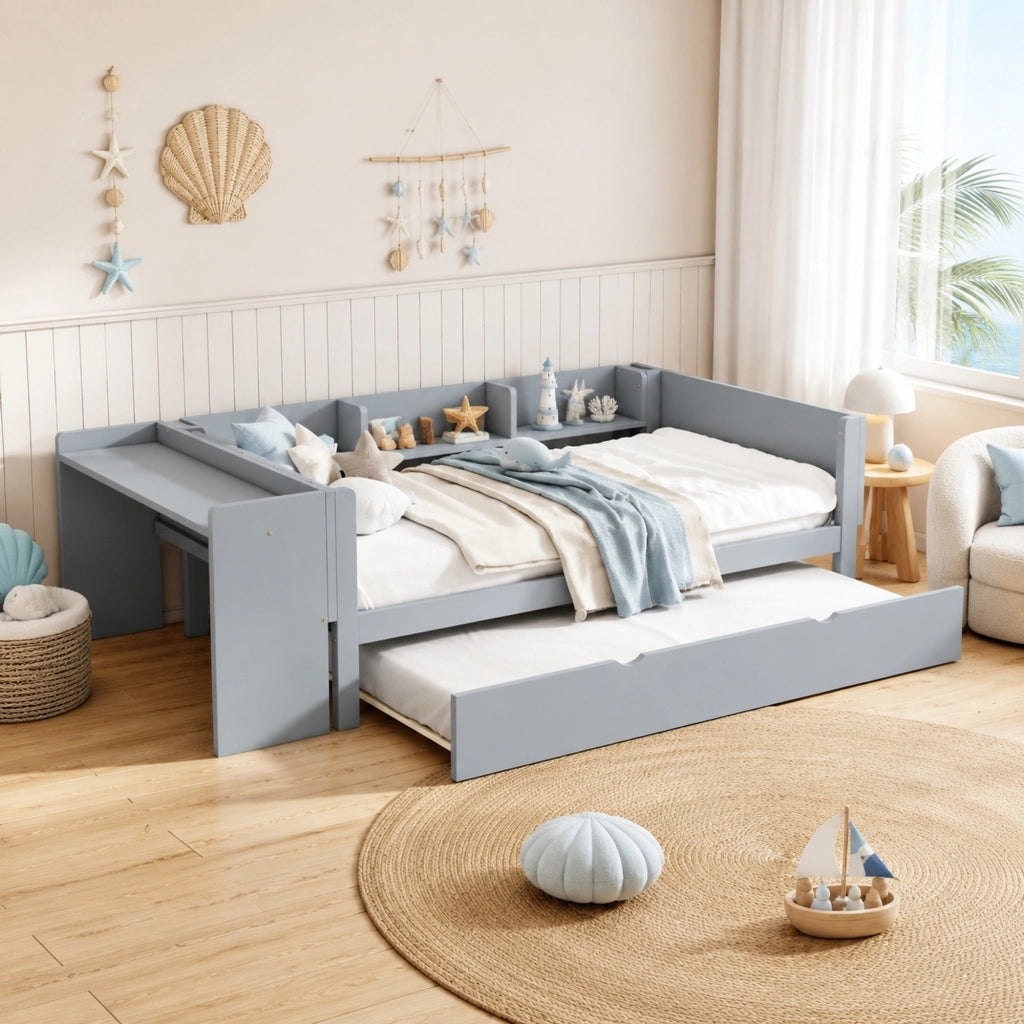 Letto singolo bambini 90x200 grigio con letto estraibile e scrivania
