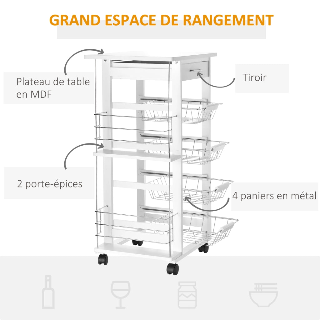 Mobile da cucina con ruote, cassetto, 4 cesti e ripiani laterali ¨C zephmum ¨C bianco 47x37x83 cm