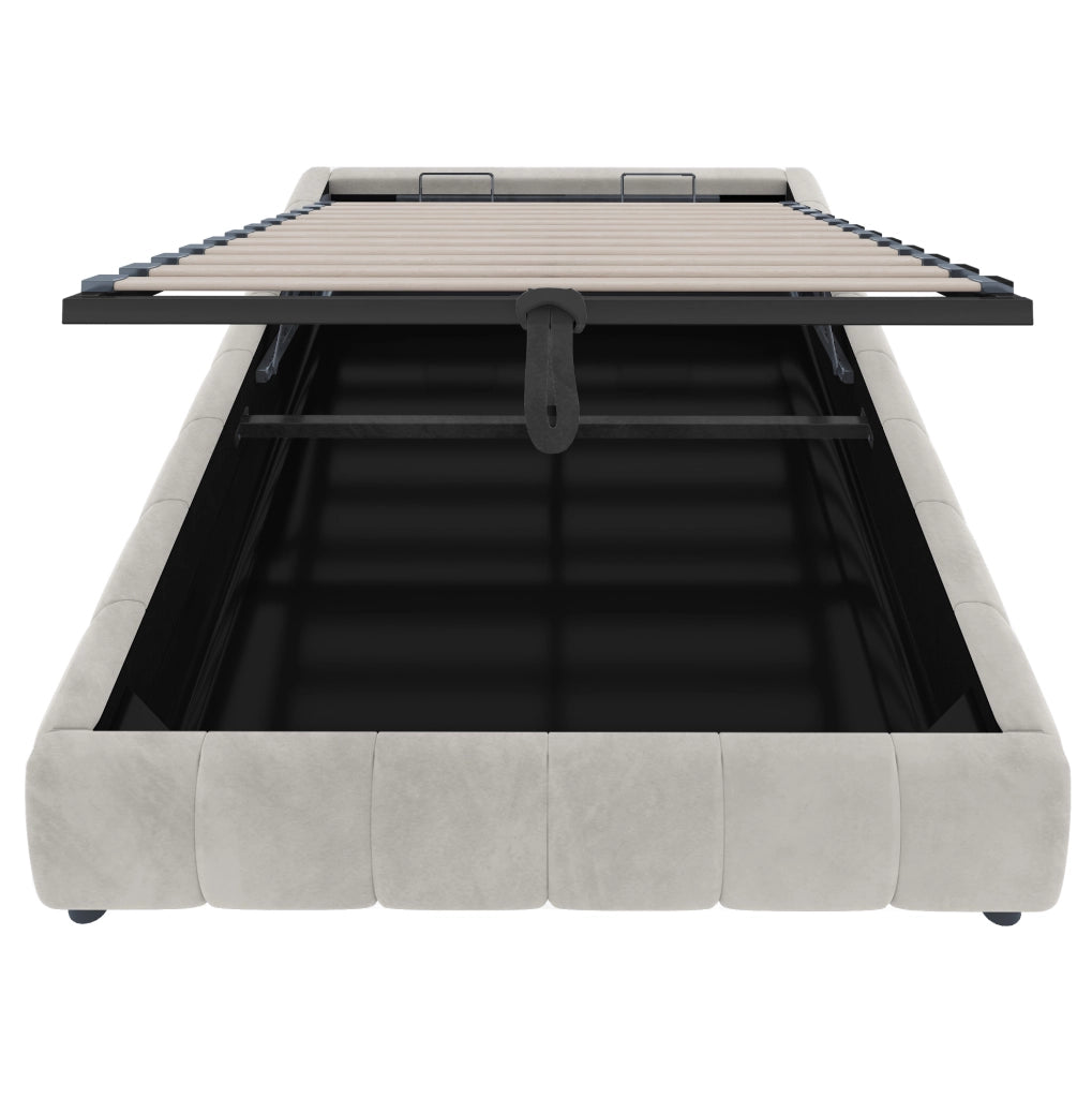 Letto imbottito 140x200 cm con contenitore, LED integrato e struttura idraulica