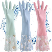 Sfregatoi per la pulizia in PVC per uso domestico, guanti antiscivolo per la pulizia, imbottitura di cotone, guanti di pulizia riutilizzabili impermeabili (blu + verde + rosa)