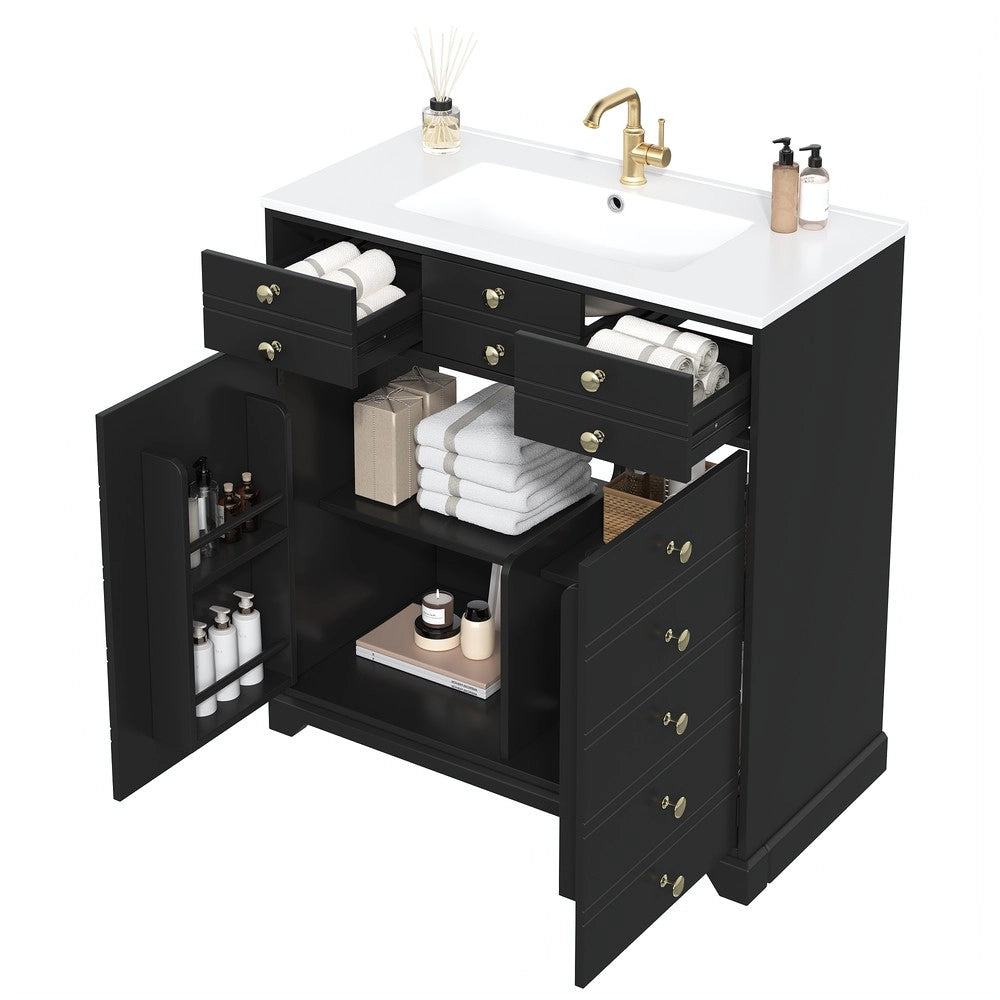 Mobile da Bagno con Lavabo in Ceramica, Cassetti e Ante ¨C Xylo ¨C Nero e Oro