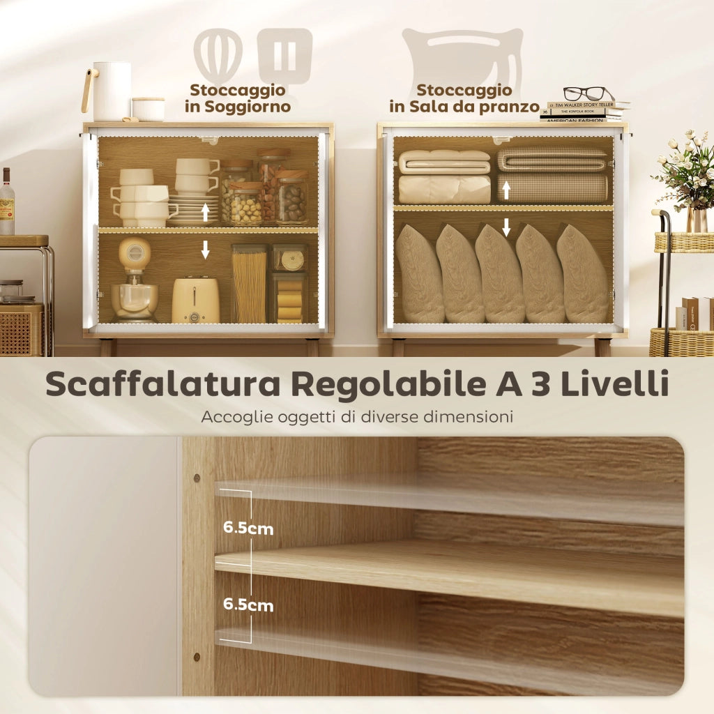 Credenza Moderna a 2 Ante con Ripiano Regolabile. 72x35x77 cm. Bianco Lucido e Rovere
