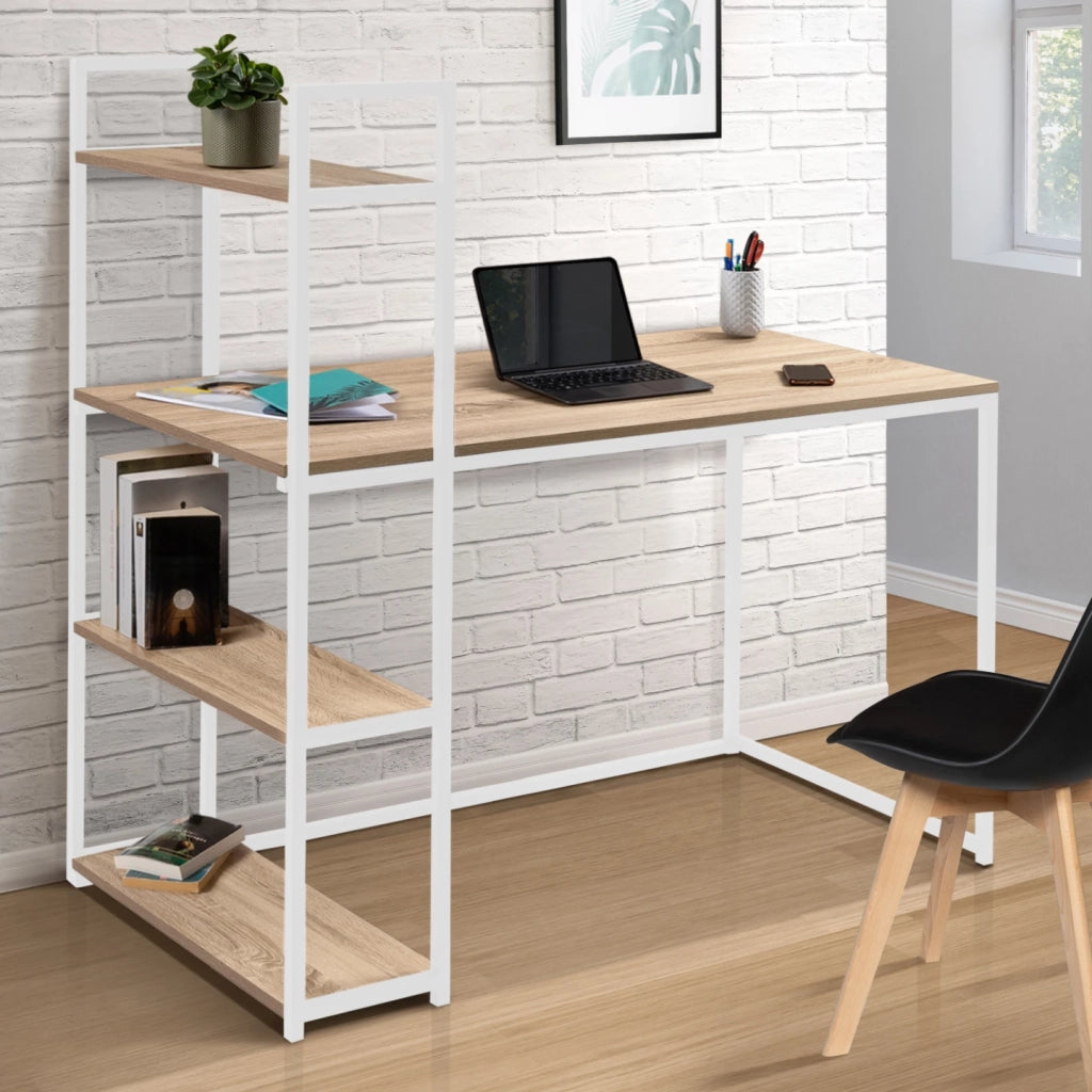 IDMarket - Libreria scrivania DETROIT design industriale legno e metallo bianco