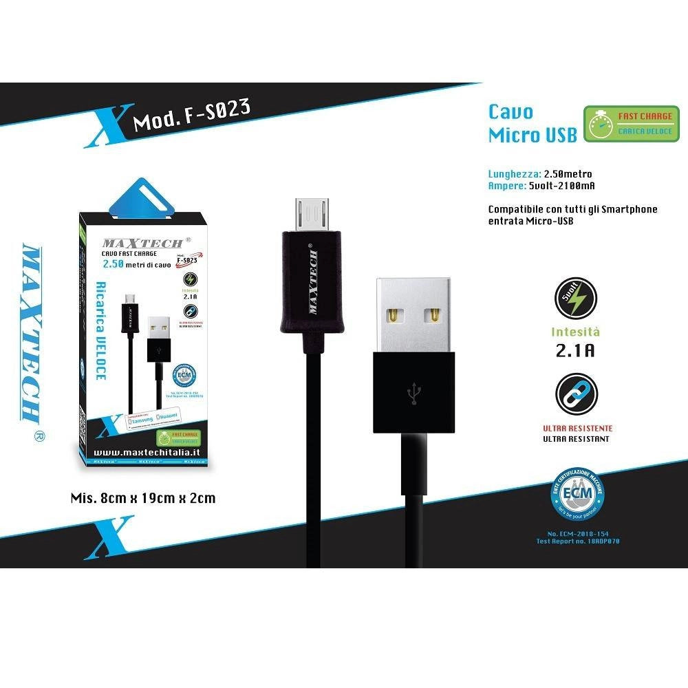 Trade Shop - Cavo Caricatore Micro Usb 2.5mt Sincronizzazione Dati Per Smartphone Maxtech F-s023 -