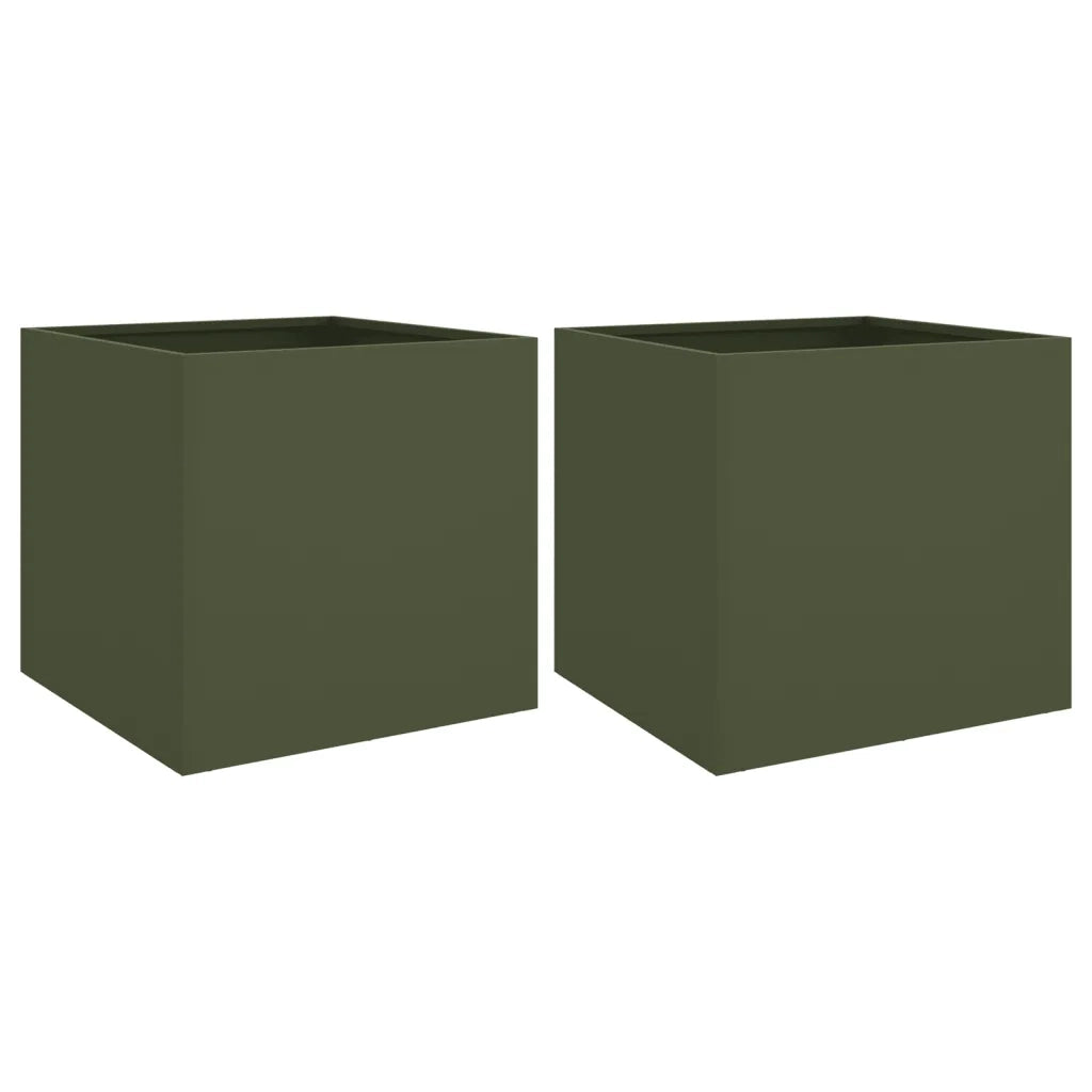 2 pz Fioriere | Cassetta per fiori | Vaso Verde Oliva 42x40x39 cm in Acciaio