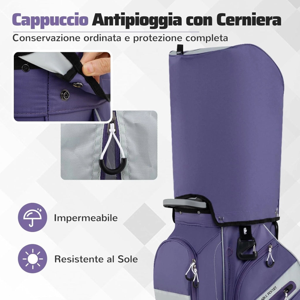 Borsa Carrello da Golf, Sacca da Golf con Serratura e Divisori a 14 Vie, 11 Tasche, Sacca Isolante, Tracolla Imbottita, Maniglie, Porta Ombrello e Cappuccio Antipioggia
