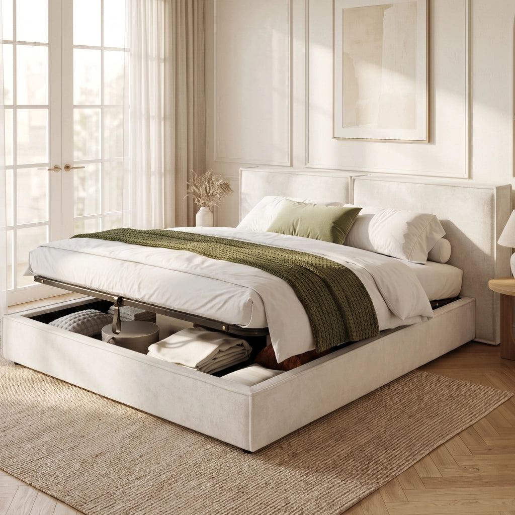 Letto matrimoniale 180x200 cm con contenitore idraulico, rete a doghe, testiera imbottita in Chenille beige
