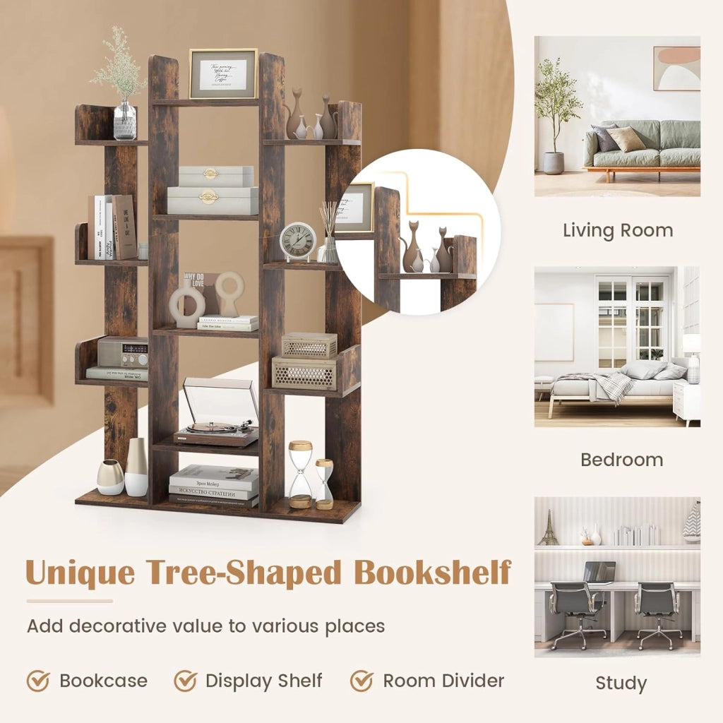 Libreria in legno con 13 ripiani aperti, libreria a forma di albero con kit antiribaltamento, 86 x 24,5 x 141 cm, mobile organizer per soggiorno, studio, ufficio (marrone)