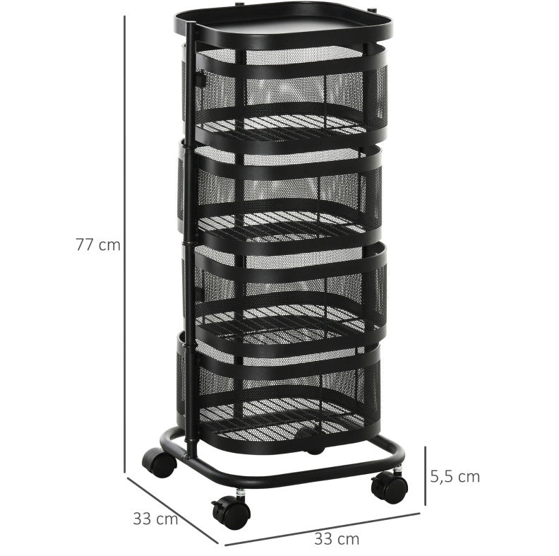 Carrello portaoggetti ULEVR 33x33x77 cm con 4 cestelli in rete, ripiano superiore e ruote bloccabili, nero
