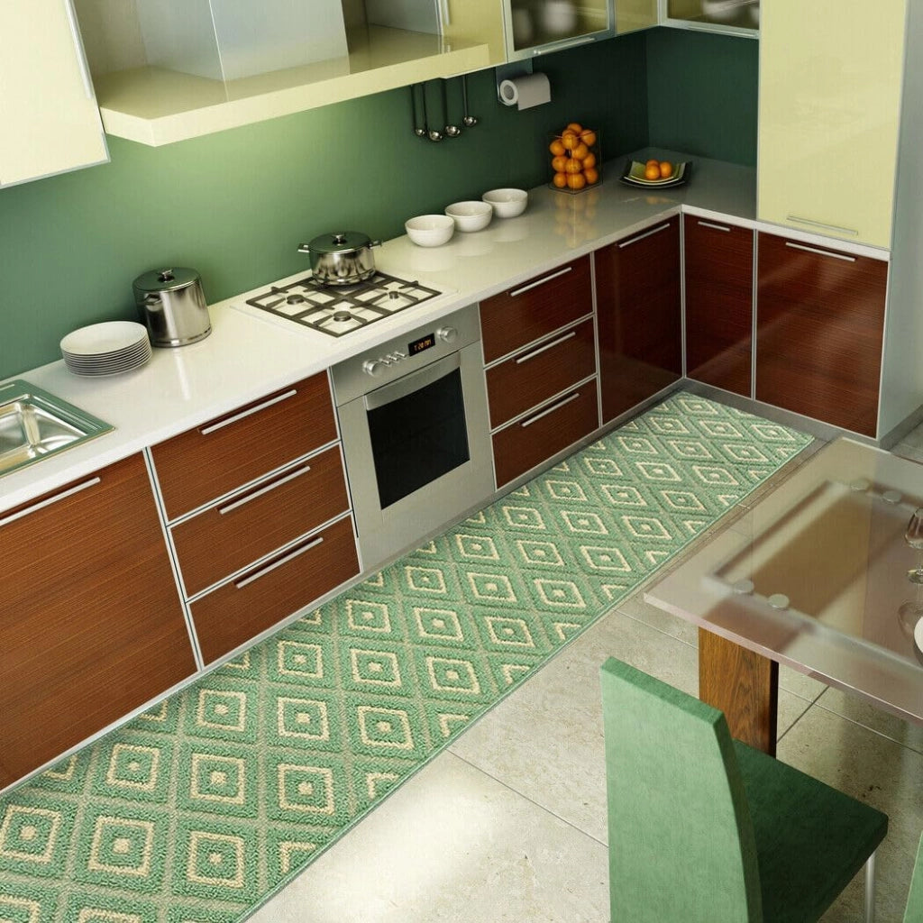 Tappeto Casa Cucina Rombi 3D 50X80 Cm Bordato Moderno Assorbente Antiscivolo Verde