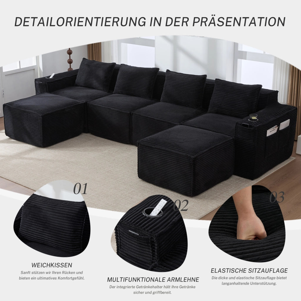 Divano modulare a 4 posti in tessuto a coste con 2 pouf, portabicchieri e tasche laterali, nero 330 × 162 × 75 cm