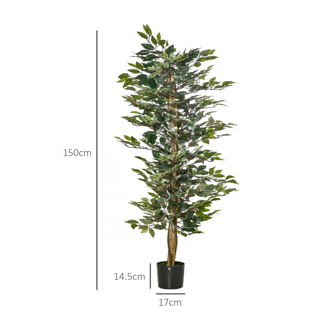Ficus artificiale 150 cm con 1008 foglie, vaso nero e base in cemento per interni ed esterni