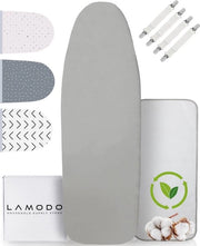 Tappeto di protezione per ferro da stiro 125x45 in cotone 100% con imbottitura extra spessa incluso asciugamano da stiro - elastico e chiusura con fascette intelligenti + consigli di stiratura (grigio chiaro, liscio, L)