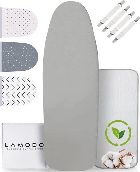 Tappeto di protezione per ferro da stiro 125x45 in cotone 100% con imbottitura extra spessa incluso asciugamano da stiro - elastico e chiusura con fascette intelligenti + consigli di stiratura (grigio chiaro, liscio, L)