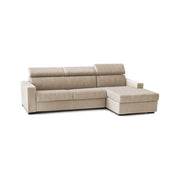 Divano fisso Ameno, Divano ad angolo, Made in Italy, SofÒ  Soggiorno con chaise longue, in tessuto imbottito - Penisola contenitore Destra, con Braccioli standard, cm 280x95h85, Beige