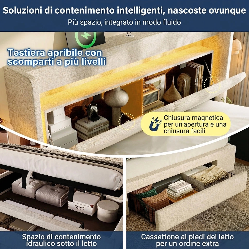Letto Contenitore 140x200 cm con Vano Portaoggetti; Luci LED e Prese USB; Letto Imbottito in Lino Beige