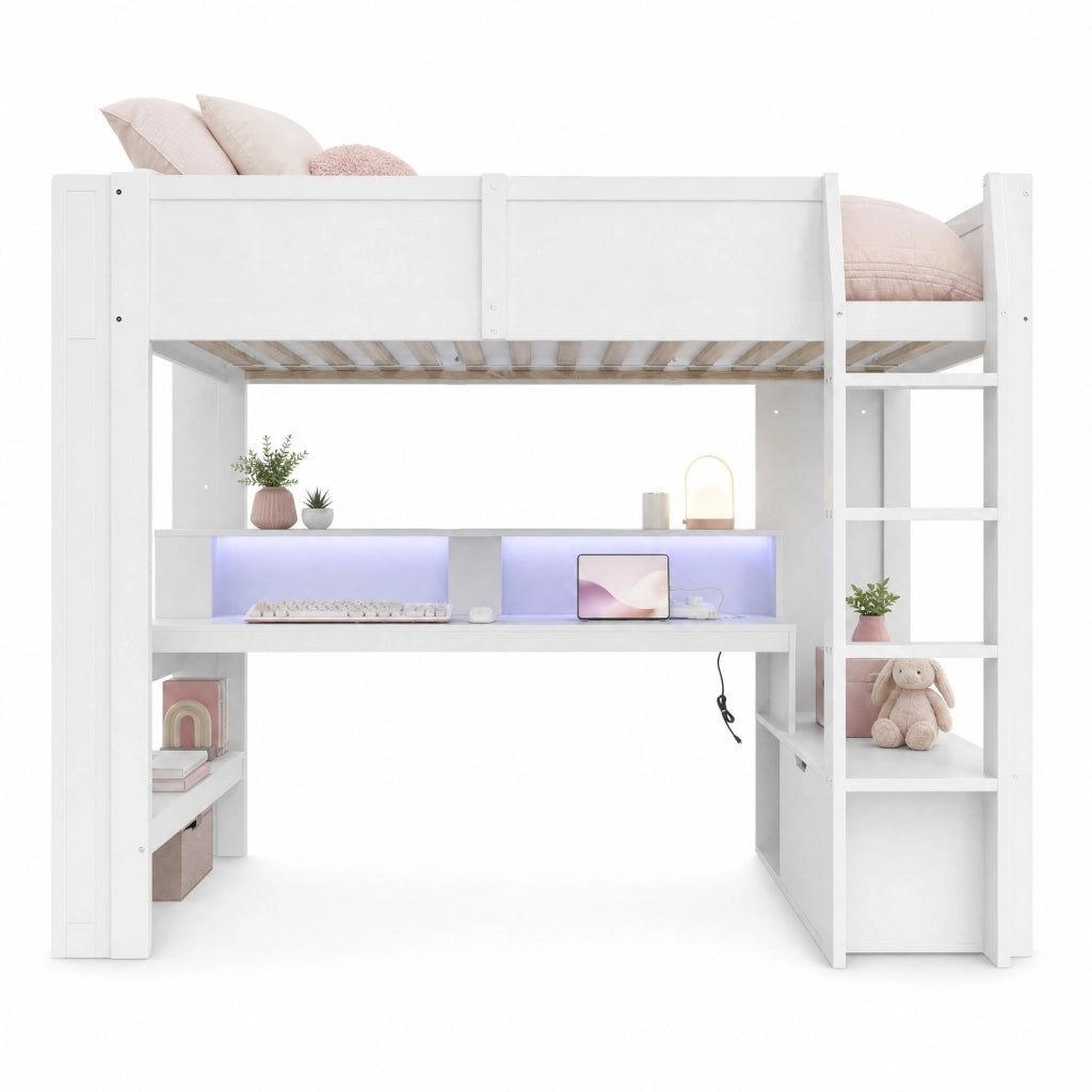LETTO a soppalco 90x200 cm con scrivania e LED, bianco