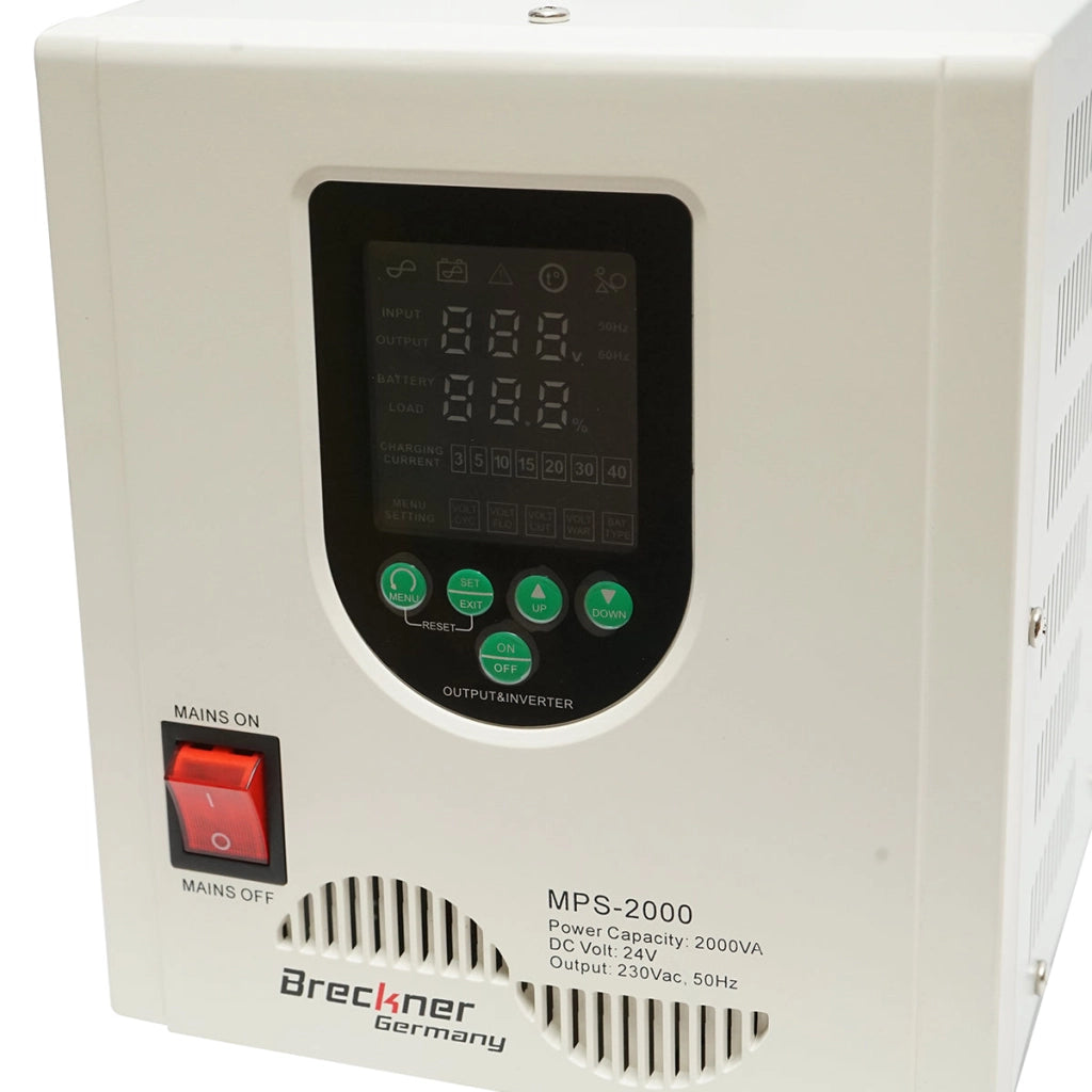 UPS con inverter per riscaldamento centralizzato 1400W/2000VA, onda sinusoidale pura 24V/230V, 2 prese schuko, display LCD, AVR Breckner Germany