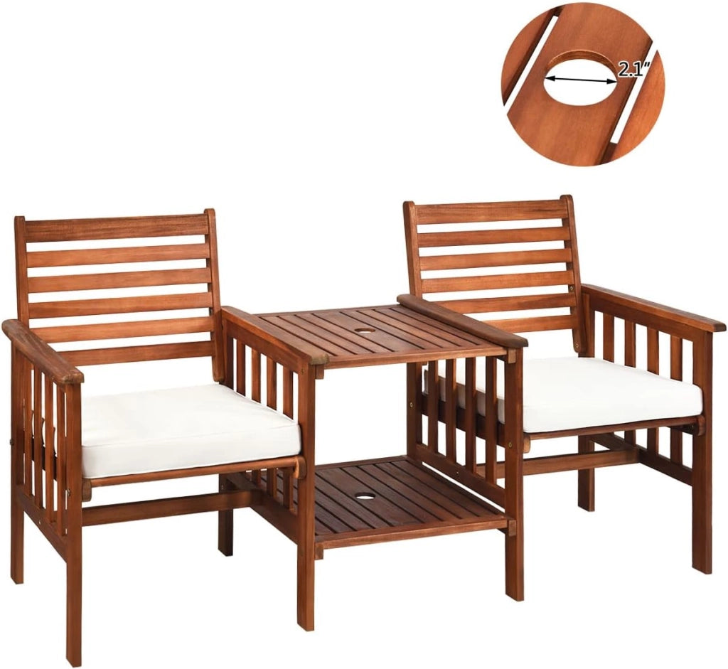 Panca da giardino in legno di acacia con foro per l'ombrellone, 165 x 65 x 88 cm, per giardino, balcone e terrazza (bianco)