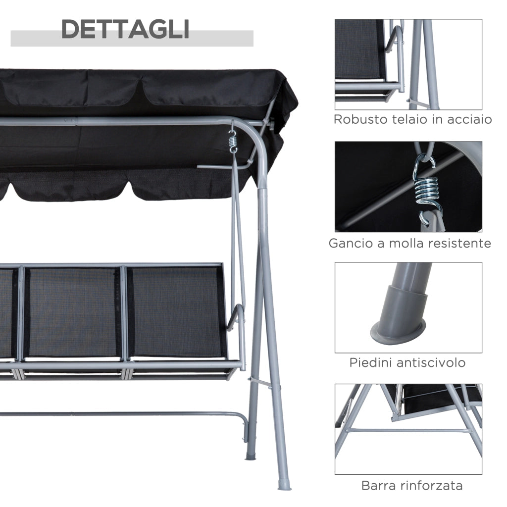 Dondolo da Giardino 3 Posti con Tettuccio Parasole Regolabile Rimovibile, Dondolo da Esterno con Seduta Traspirante in Poliestere, Portata 240 kg, 171x108x154 cm, Nero