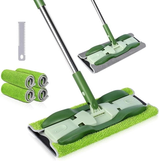 Microvezel dweil per pavimento - 4 asciugamani lavabili - Manubrio di 151 cm - Bicchiere - Dweil domestico umido e asciutto - Dweil per pavimenti in laminato e legno - Dweil per pulizia di polvere