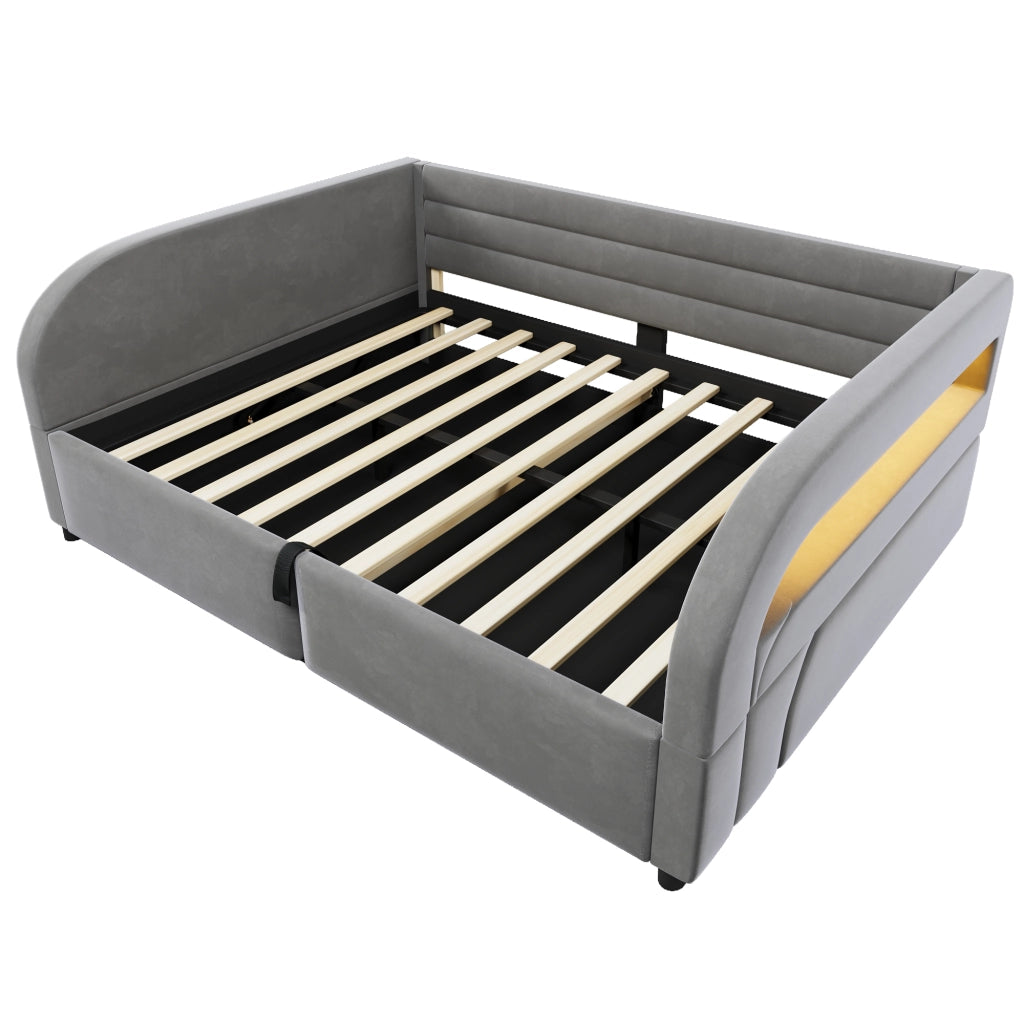 Letto Contenitore 140x200 cm con Sollevamento Idraulico; LED e Rivestimento in Flanella Grigia