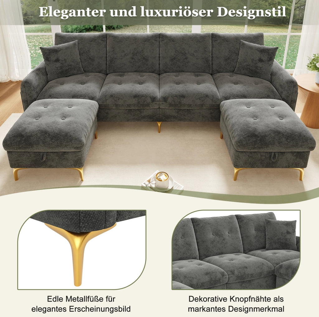 Divano modulare angolare 4 posti con 2 pouf contenitori e 2 cuscini decorativi, 263×137×85 cm, grigio