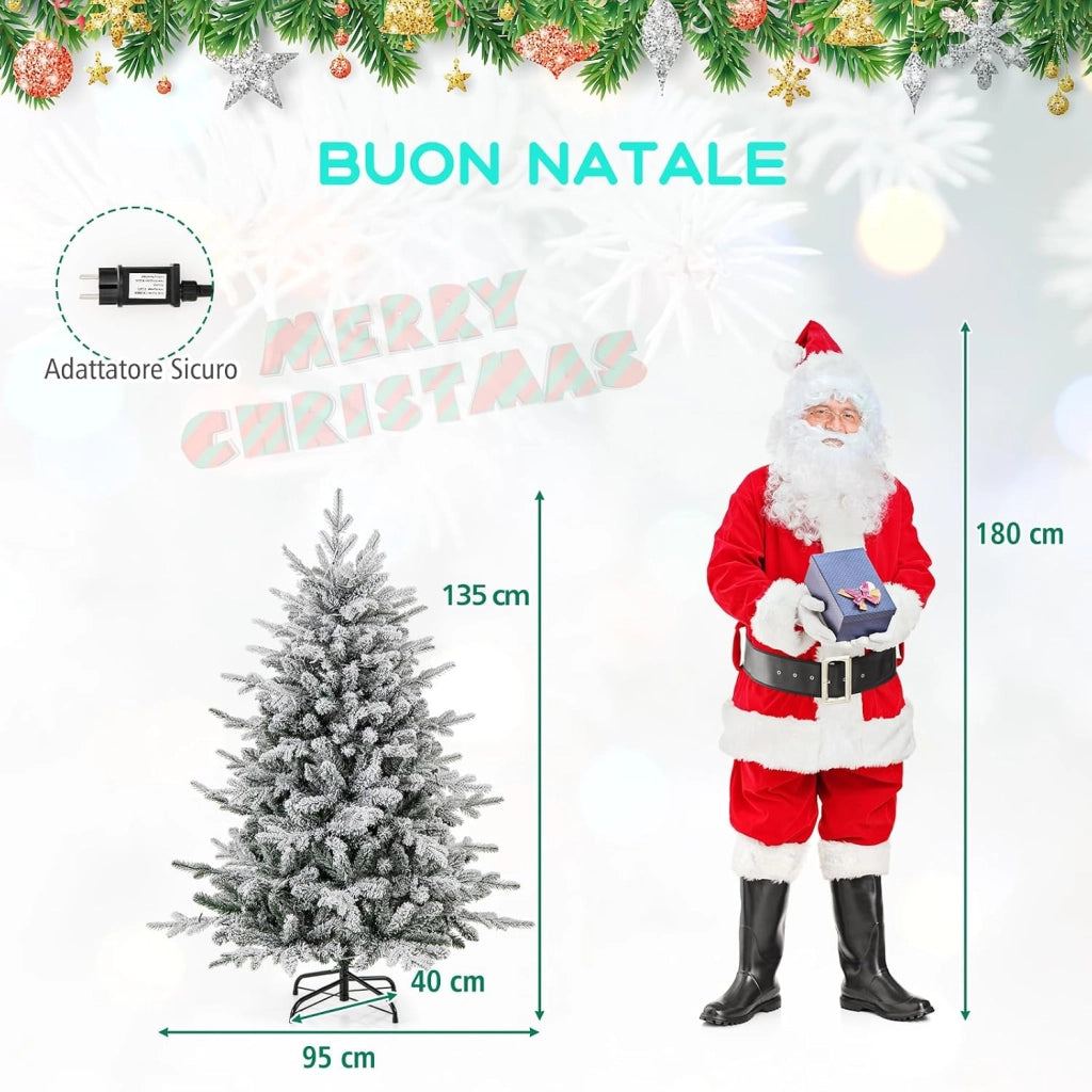 Albero di Natale Artificiale Innevato 135/186/218 CM, Albero di Natale con Cerniera e 8 Modalità luminose, 160/260/350 Luci LED Multicolori e 436/820 /1164 Punte di Ramo in PVC e PE (135 CM)