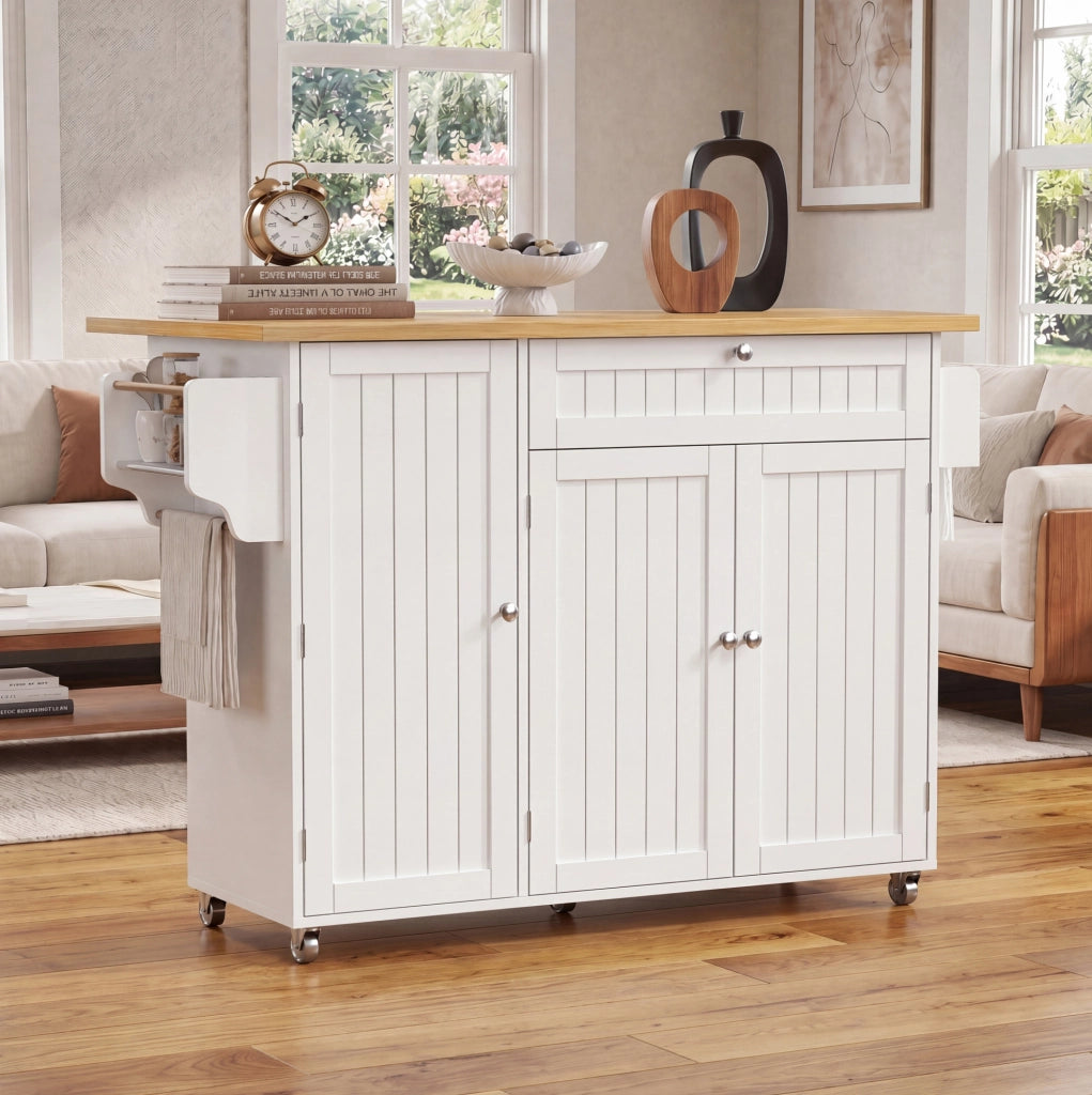 Carrello isola cucina con piano ribaltabile 120x70x92 cm in MDF; naturale e bianco