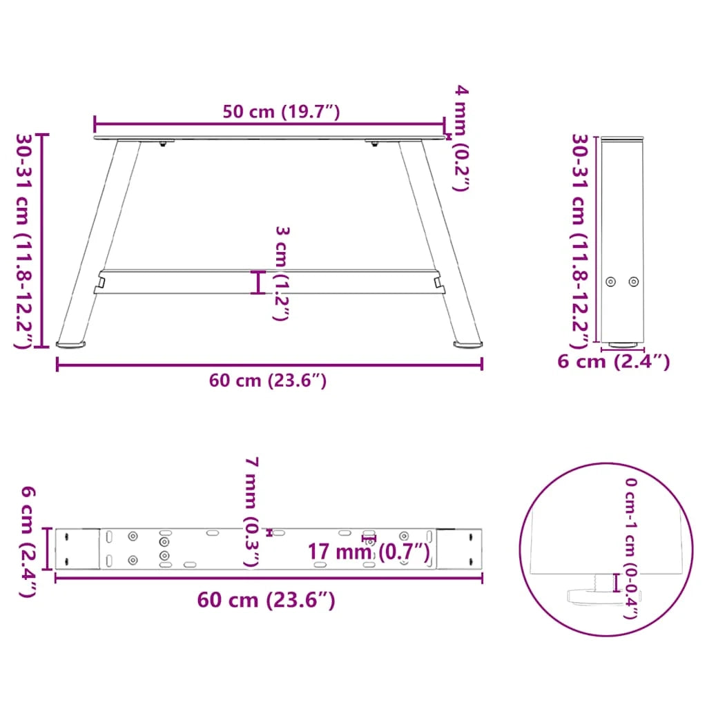 Set di 2 gambe per tavolino da caffè a forma di A con piedini regolabili 60 x 31 cm acciaio antracite 02_0057102