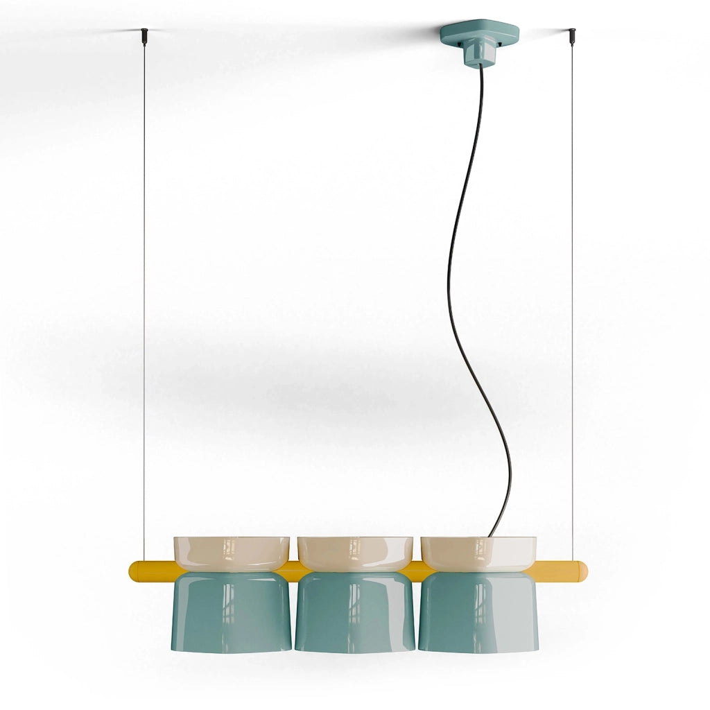 Lampadario Decò Yakitori Ceramica Crema Azzurro Metallo Giallo 3 Luci E27
