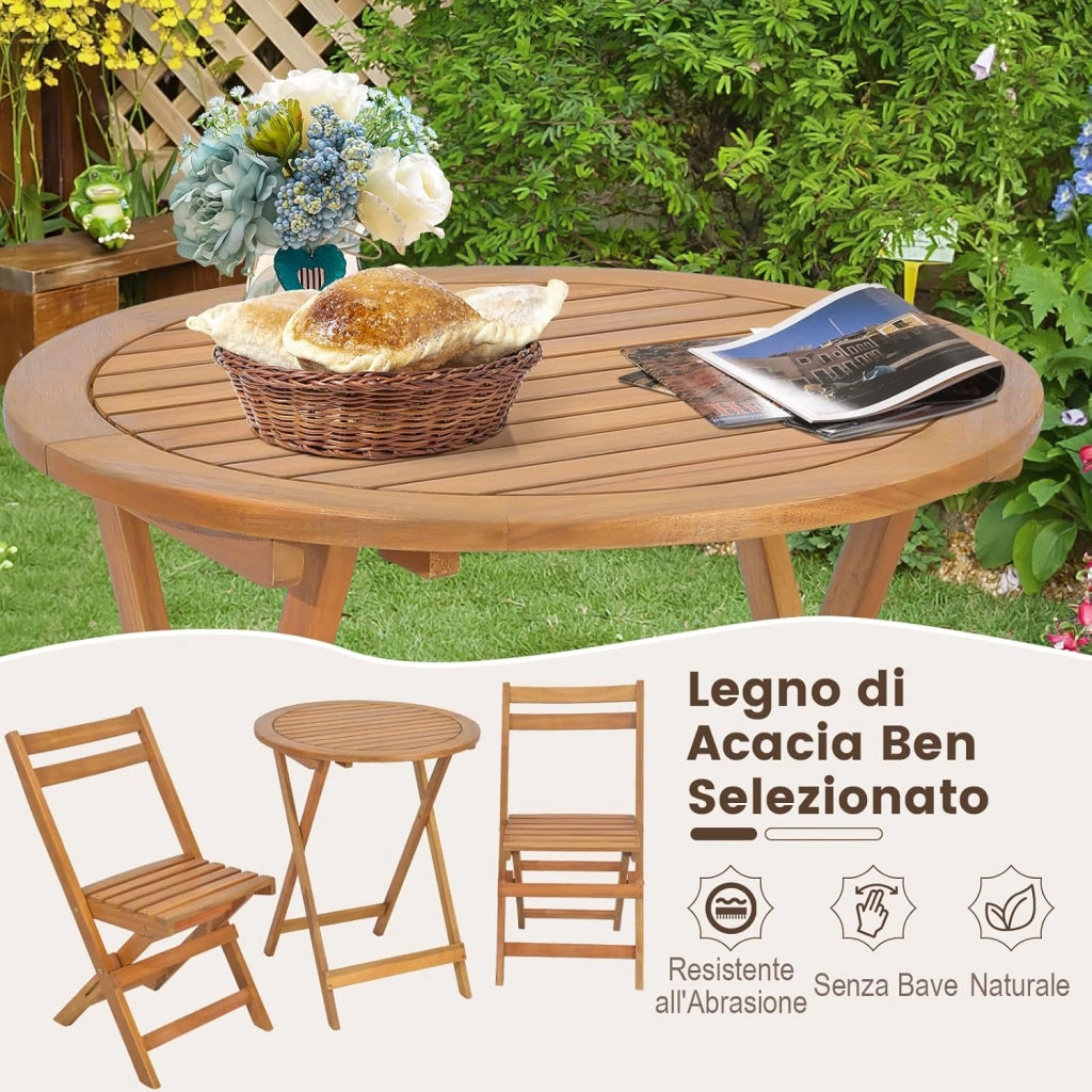 Set Tavolo e Sedie da Giardino, Set Mobili da Giardino Pieghevoli 3 Pezzi in Legno di Acacia, Arredo Giardino per Giardino Terrazzo Balcone