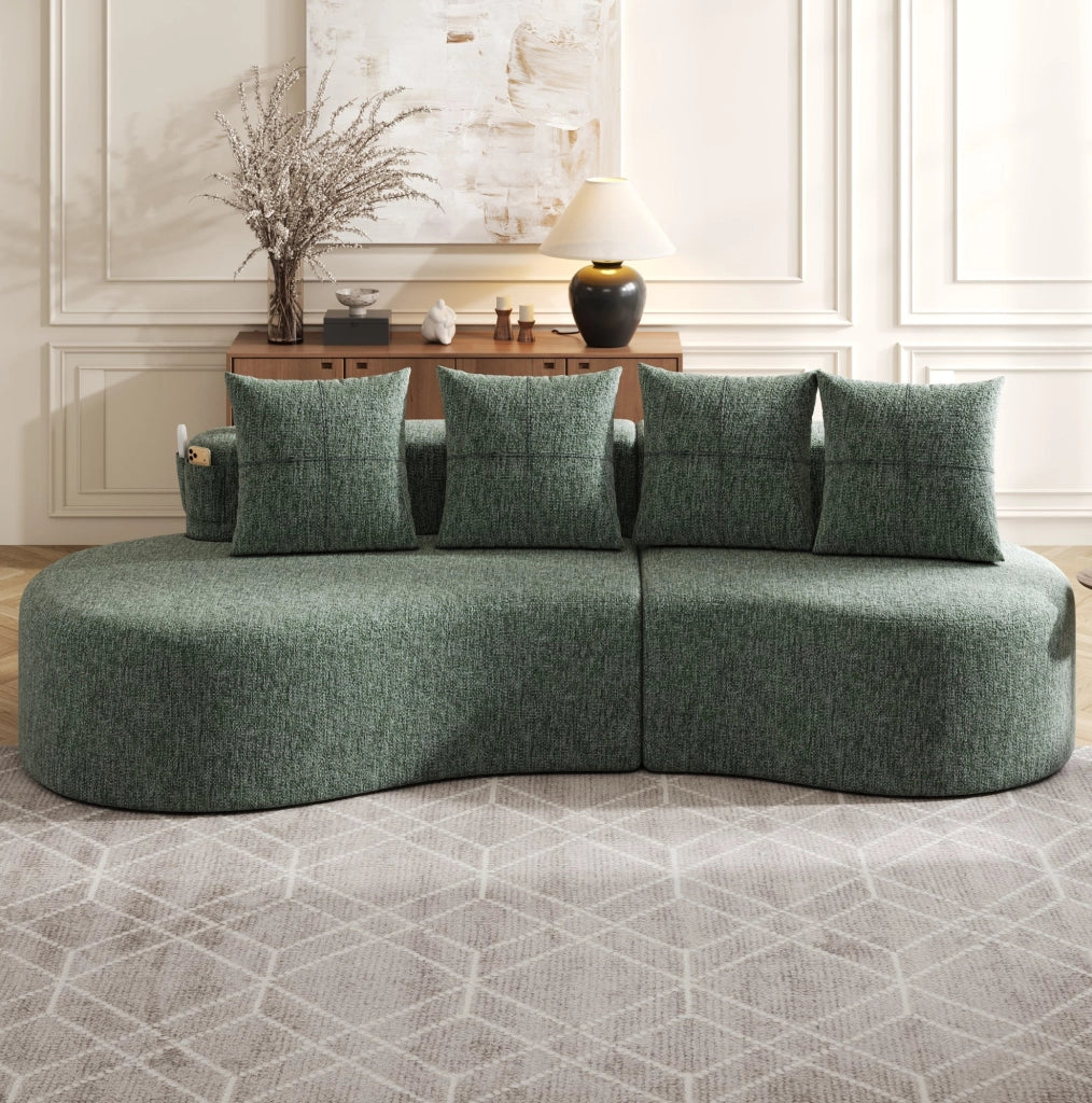 Divano ULEVR 240x109x60 cm in lino verde con 4 cuscini, portabicchieri e tasche laterali