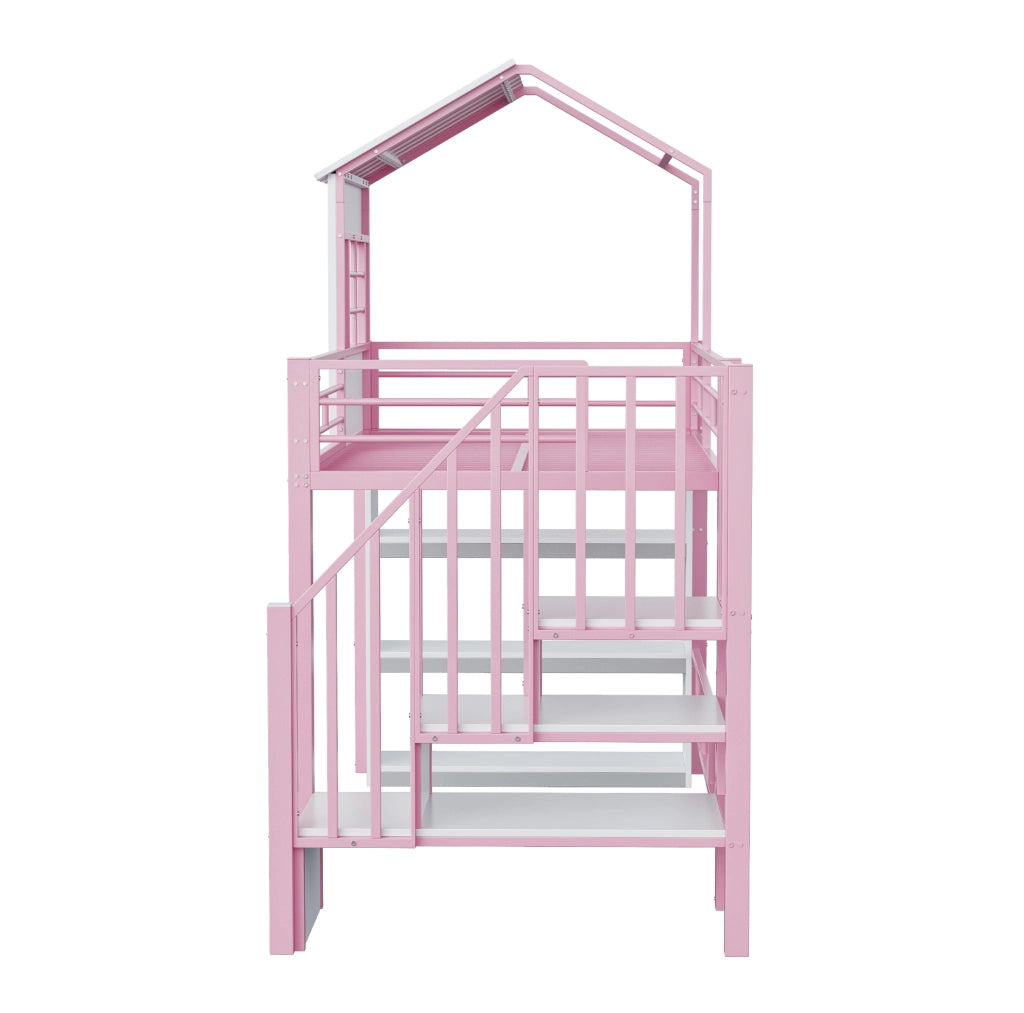 Letto a soppalco multifunzione 90 x 200 cm con scala contenitore e scaffale; rosa