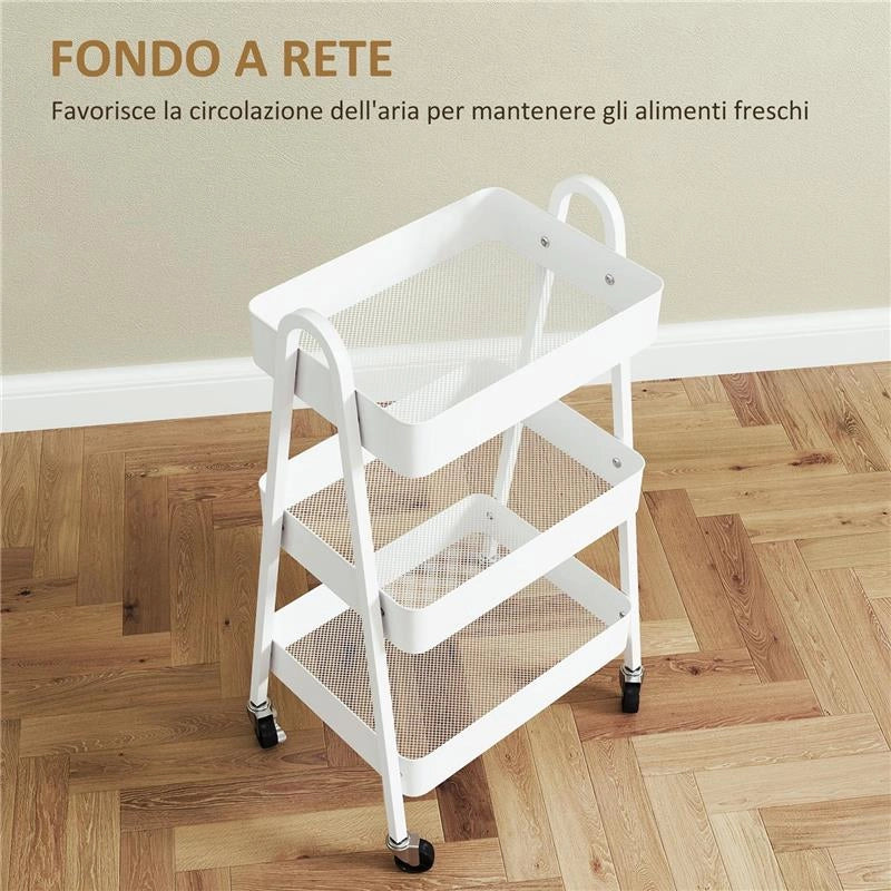 CARRELLO CUCINA MULTIUSO A 3 LIVELLI RUOTE GIREVOLI CON FRENO E MANIGLIE BIANCO 42.4X29.8X74.5 CM