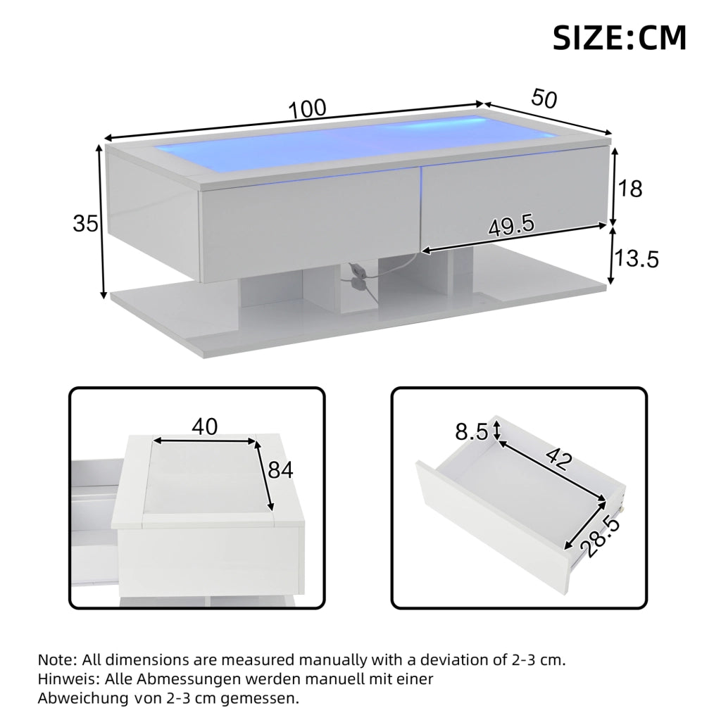 Tavolino da salotto 100x50x35 cm bianco lucido con 2 cassetti; piano in vetro temperato e LED