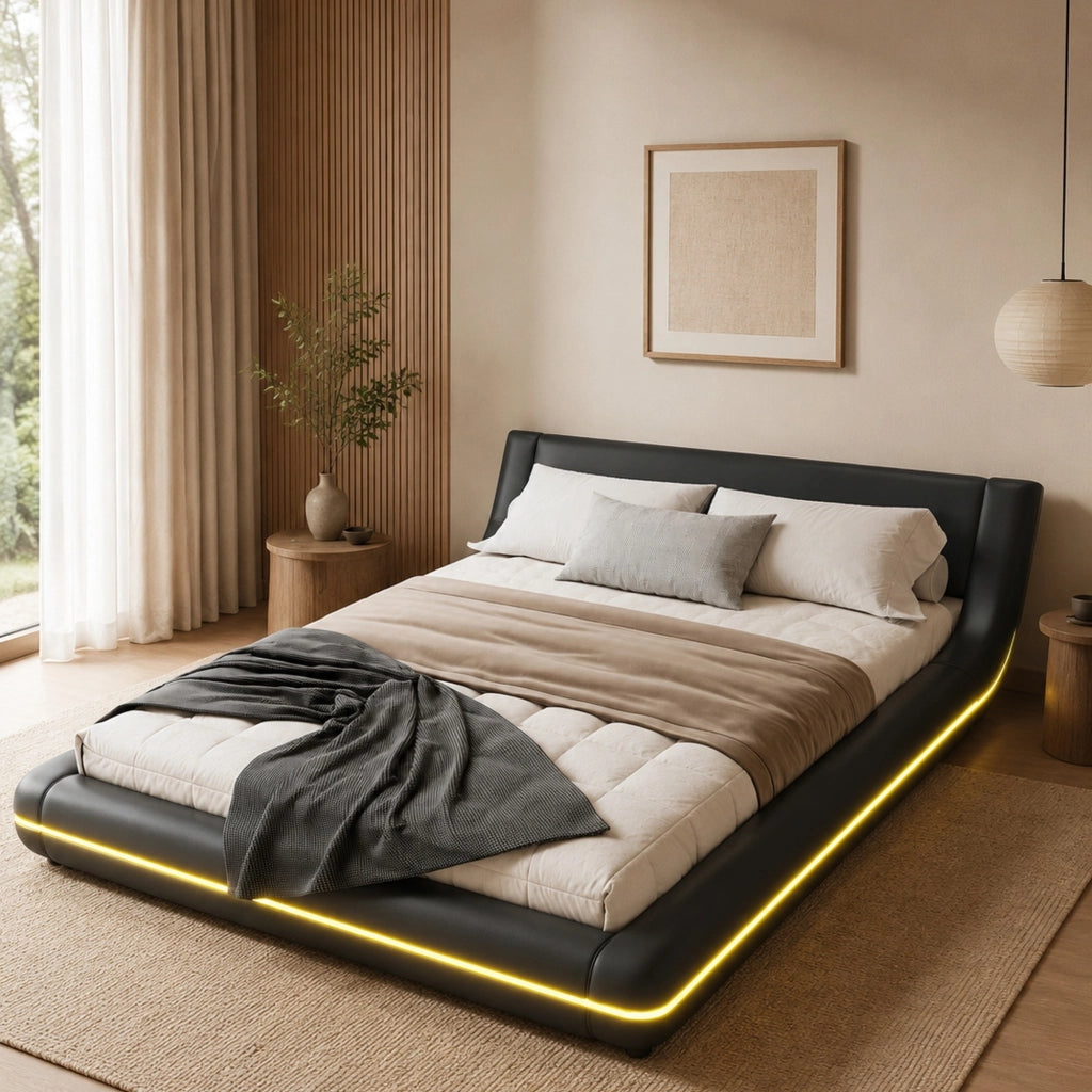 Letto a pavimento 140x200 cm nero in PU con LED