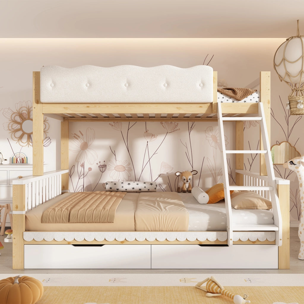 Letto a castello in legno 90x200/140x200 cm con parapetto nuvola; 2 cassetti; portariviste e certificazione EN 747:2024; bianco/rovere