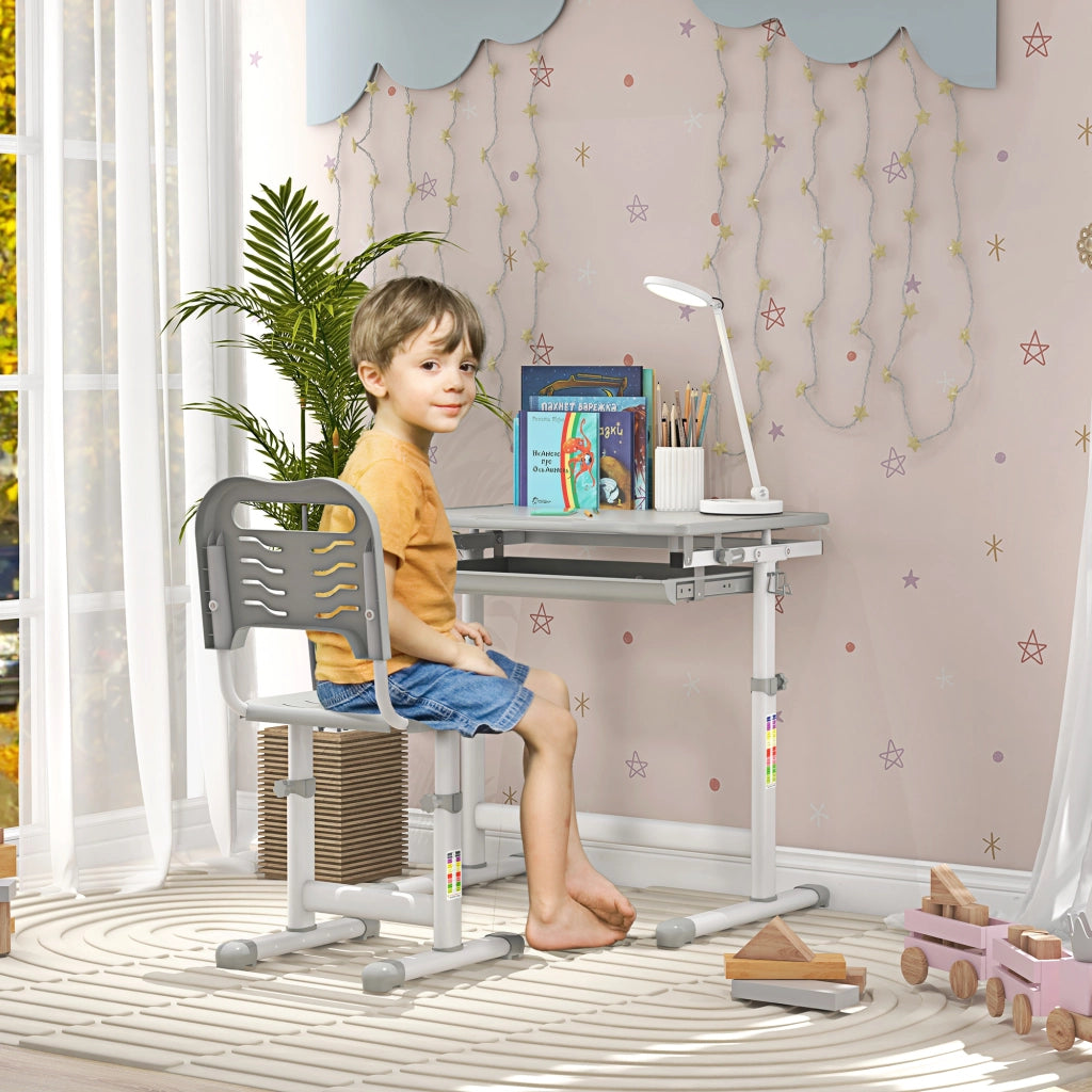 Scrivania Bambini con Sedia e Altezza Regolabile ¨C Zephmum ¨C Grigio, Legno, 66x47x52-77 cm