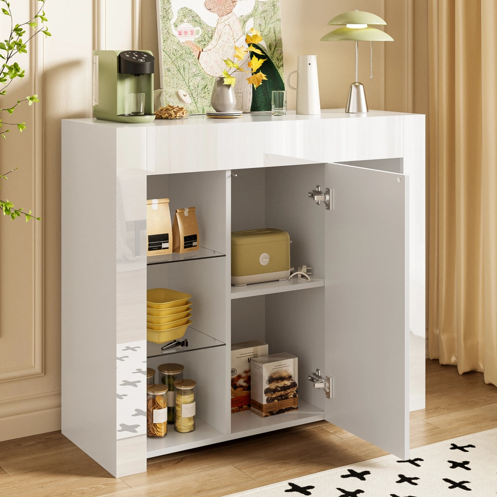 Credenza con 1 Anta e Ripiani in Vetro; Frontale Bianco Lucido; Stile Moderno; in Pannello Truciolare; 95??35??83 cm