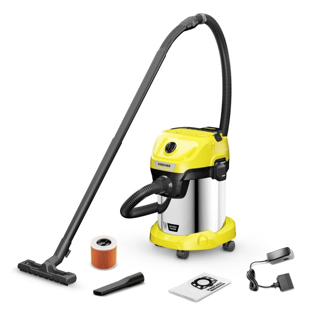 Kärcher WD 3-18 Aspirapolvere a Cilindro Secco e Bagnato 18V 5Ah 17 L 225 W Senza Fili IPX4 colore Giallo Acciaio Inox