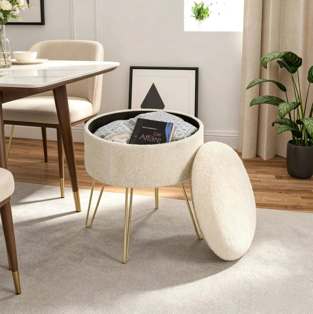 Pouf contenitore 39x39x44 cm con vassoio in MDF beige