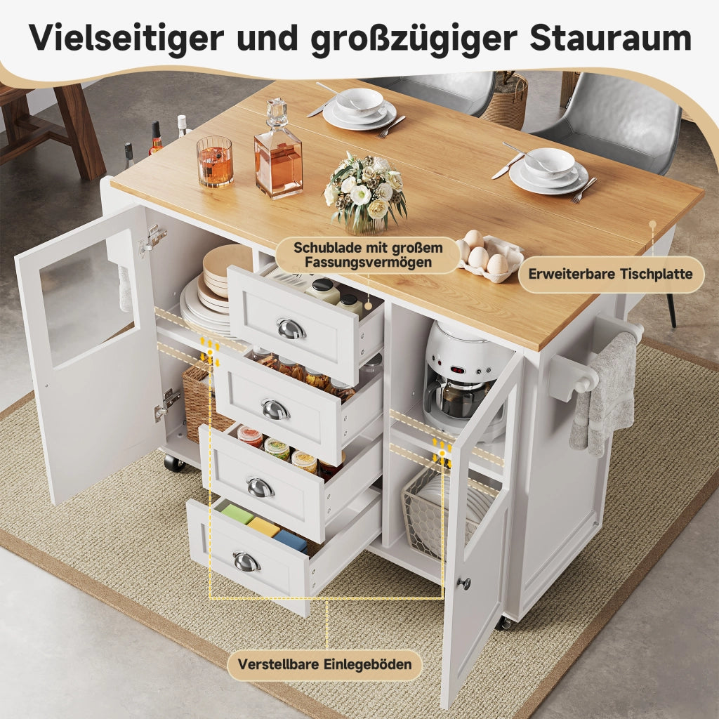 ISOLA DA CUCINA 137,9x73x92,5 cm Bianca con 4 cassetti e ruote
