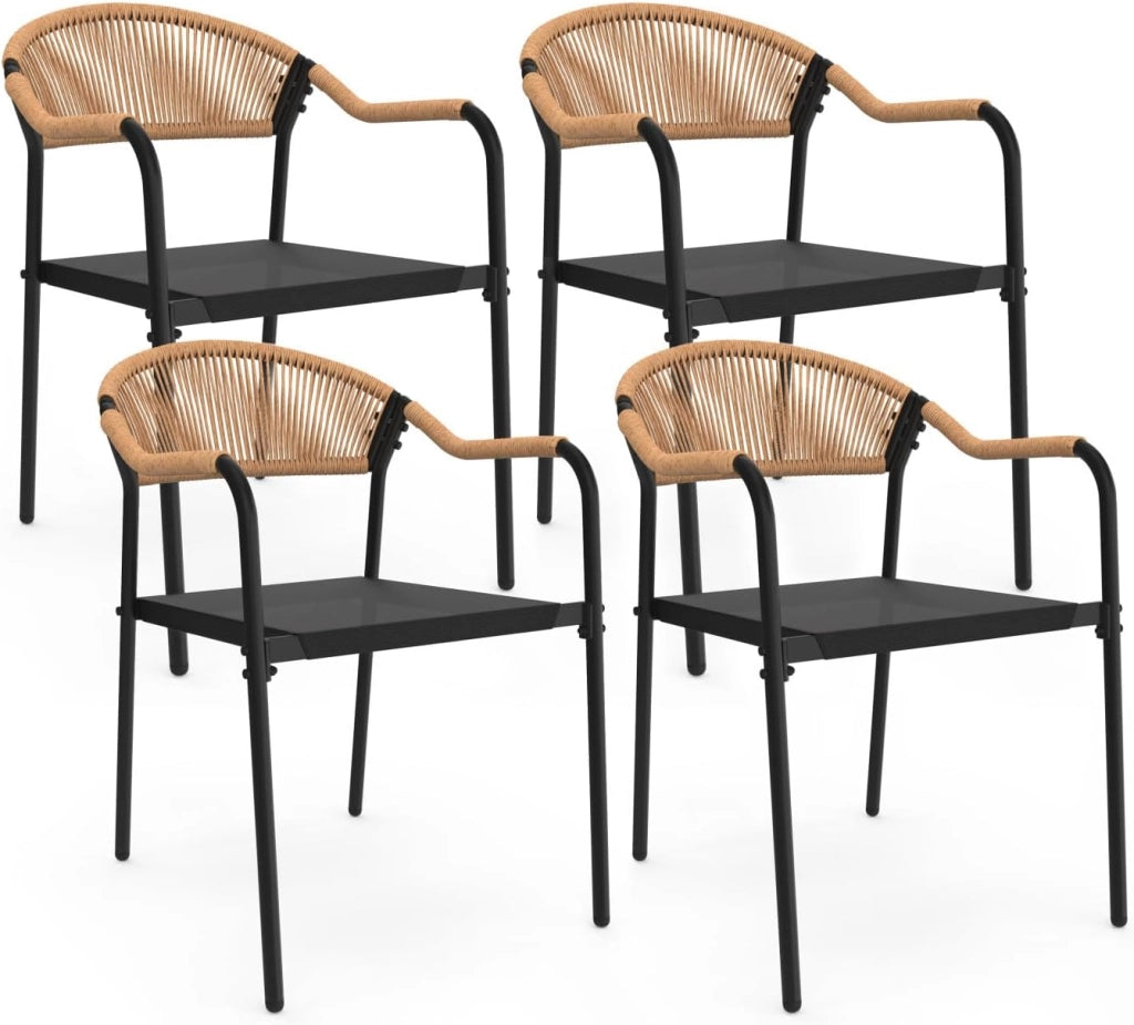 Set di 4 sedie da giardino MADEIRA: metallo, corda e textilene nero e rattan chiaro