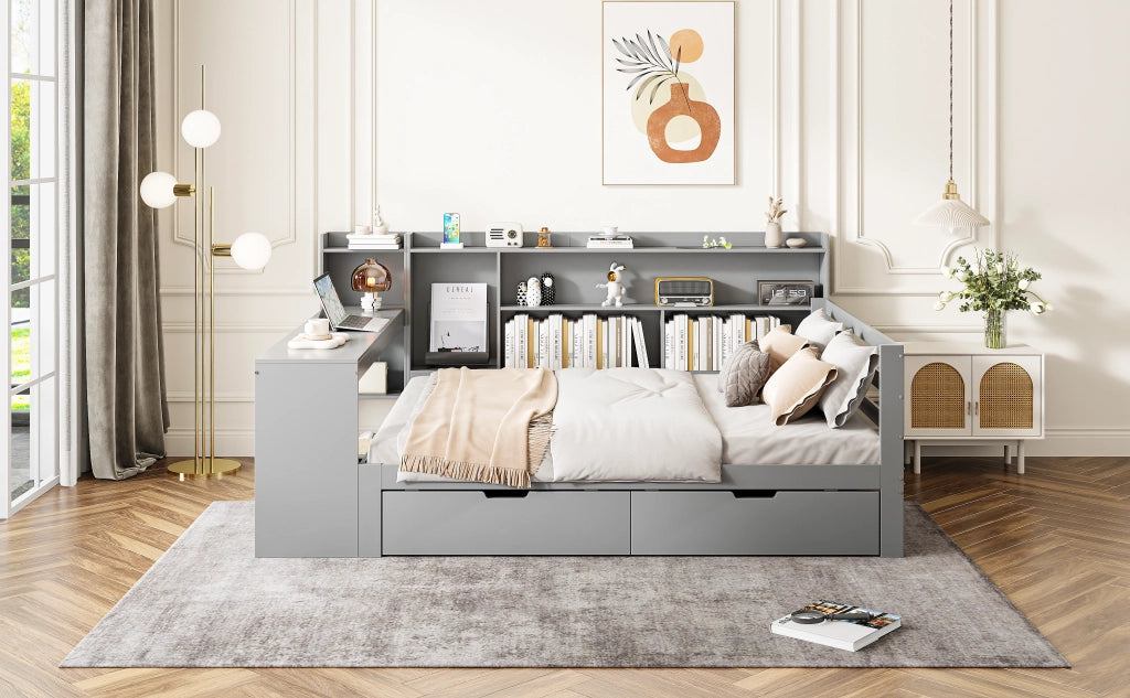 DESMIU Divano letto 140 × 200 cm per 2 posti con scrivania, ripiani, USB e Type-C, senza materasso, grigio