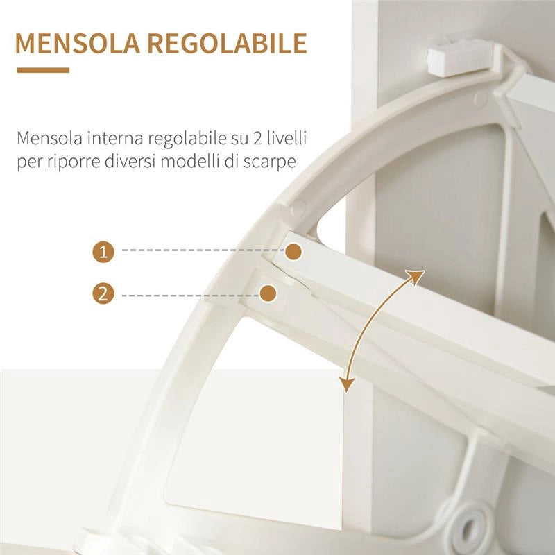 SCARPIERA MODERNA, 2 CASSETTI PER 16 SCARPE CON MENSOLA REGOLABILE E RIPIANO IN VETRO, 89X23X96CM, BIANCO LUCIDO