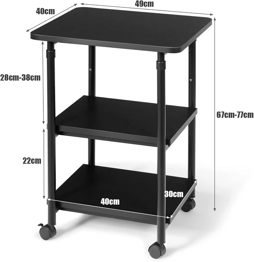 Carrello Supporto per Stampante, Scaffale Portaoggetti con Ruote, a 3 Ripiani, Ruote con Freni, Altezza Regolabile, Portata di 50 kg per Ogni Piano, 49x40x67-77 kg