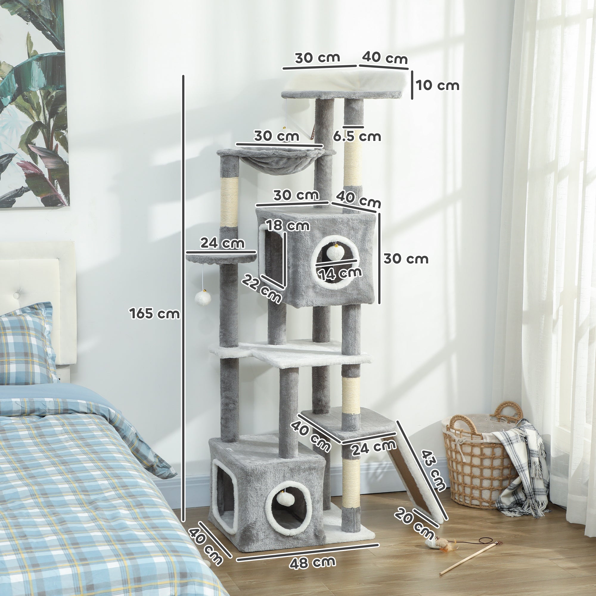 Albero Tiragraffi per Gatti 48x40x165 cm con 2 Casette Rampa Trespoli in Peluche e Sisal Grigio e Bianco