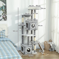 Albero Tiragraffi per Gatti 48x40x165 cm con 2 Casette Rampa Trespoli in Peluche e Sisal Grigio e Bianco