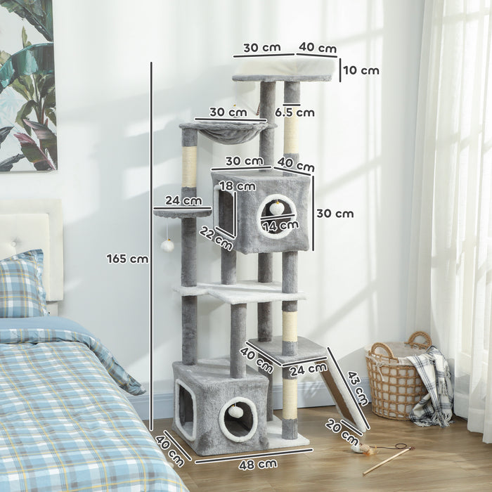 Albero Tiragraffi per Gatti 48x40x165 cm con 2 Casette Rampa Trespoli in Peluche e Sisal Grigio e Bianco